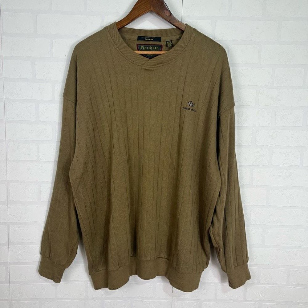 Firethorne mens ribbed sweater size XL French rib Tan Brown V neck Candia Woods